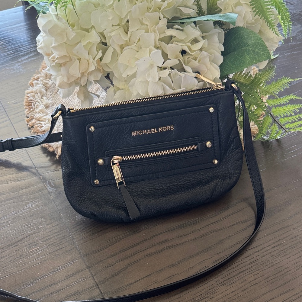 Michael Kors Black Pebbled Leather Crossbody with Gold Hardware